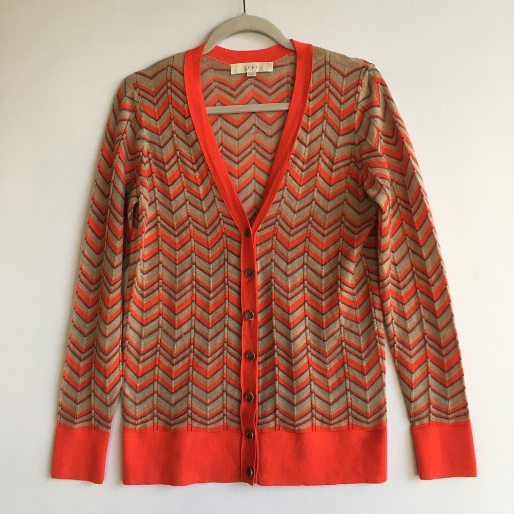 Loft thin pointelle knit chevron cardi sweater M